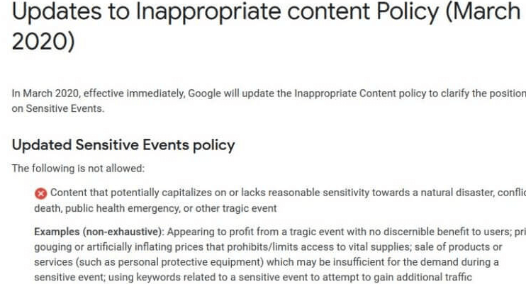 Google更新了针对不当内容的广告政策，其中包括“突发公共卫生事件”